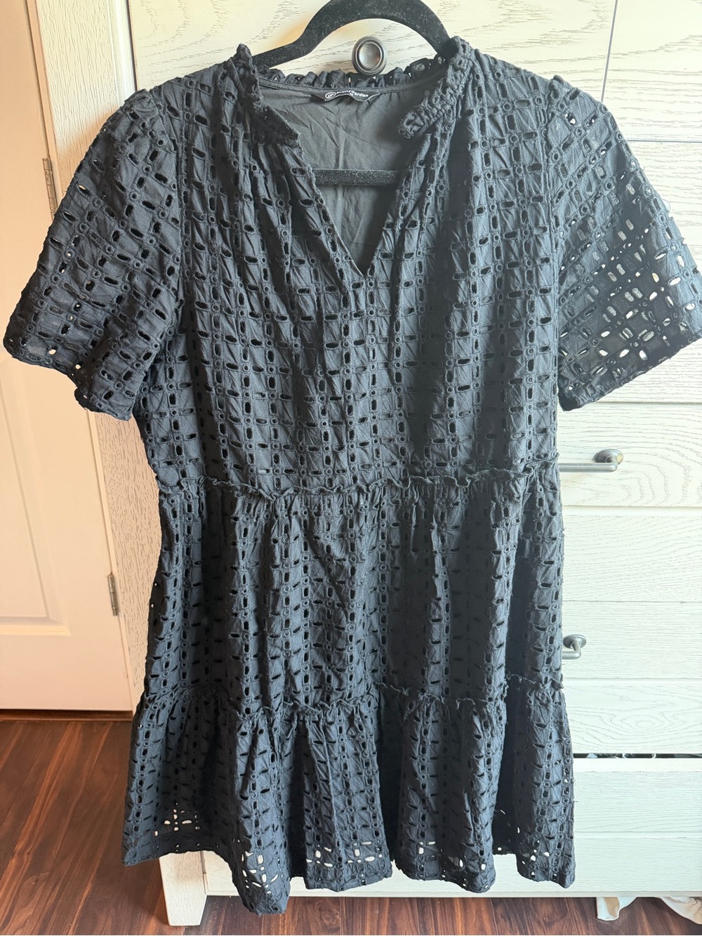 Black Eyelet Tiered Mini Dress - Classic Short Sleeve